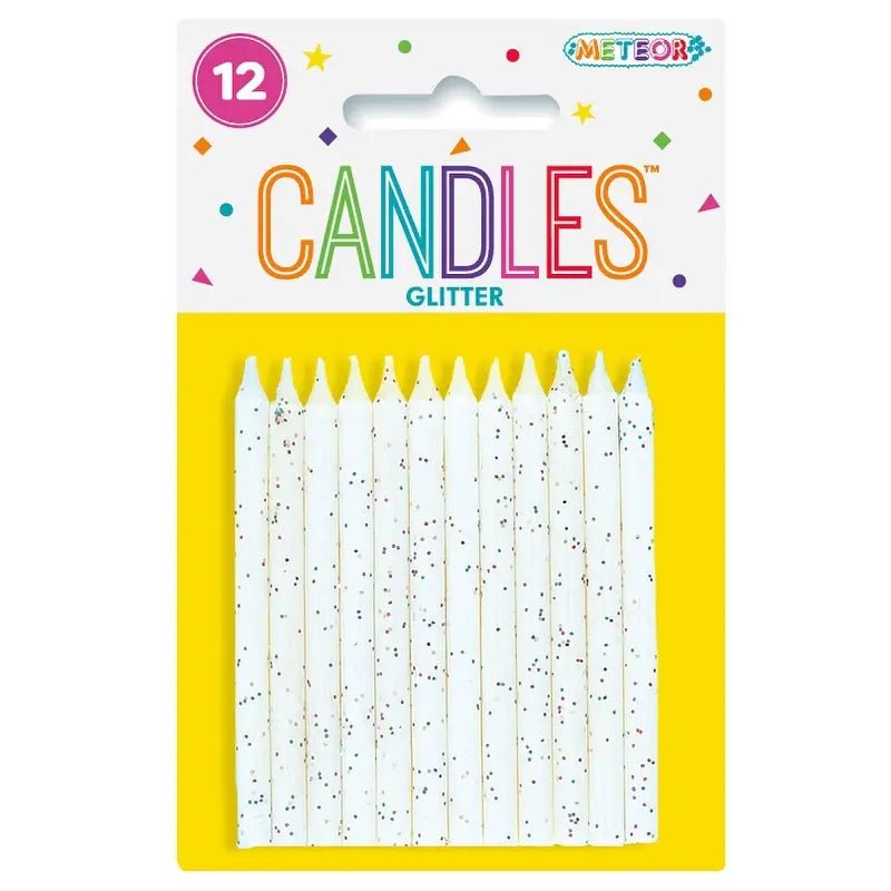 Glitter White Birthday Candles 12pk - NextParty