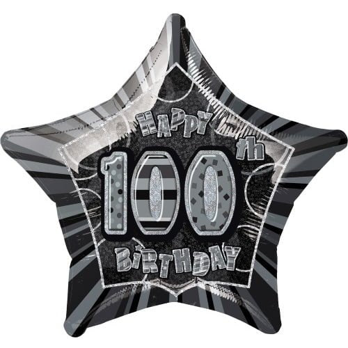 Glitz Black And Silver 100th Birthday Star Shape Foil Balloon 50cm (20") - NextParty