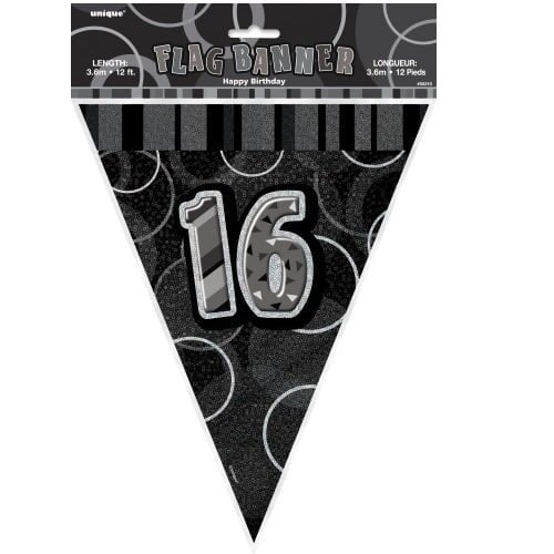 Glitz Black And Silver 16th Birthday Bunting Flag Banner 3.65M (12') - NextParty