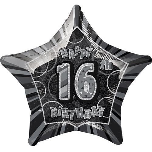 Glitz Black And Silver 16th Birthday Star Shape Foil Balloon 50cm (20") - NextParty