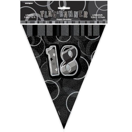 Glitz Black And Silver 18th Birthday Bunting Flag Banner 3.6M (12') - NextParty