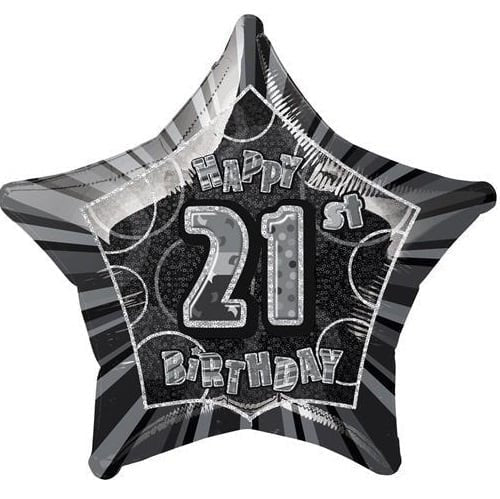 Glitz Black And Silver 21st Birthday Star Shape Foil Balloon 50cm (20") - NextParty