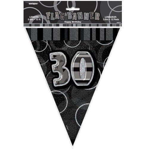 Glitz Black And Silver 30th Birthday Bunting Flag Banner 3.6M (12') - NextParty