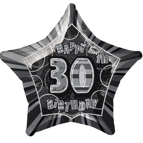 Glitz Black And Silver 30th Birthday Star Shape Foil Balloon 50cm (20") - NextParty