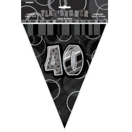 Glitz Black And Silver 40th Birthday Bunting Flag Banner 3.6M (12') - NextParty