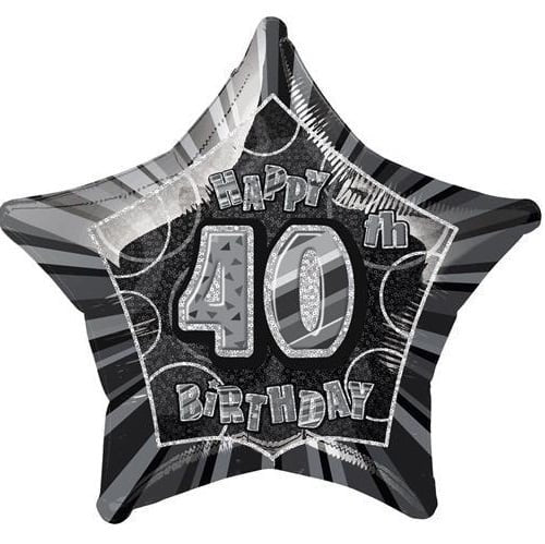 Glitz Black And Silver 40th Birthday Star Shape Foil Balloon 50cm (20") - NextParty