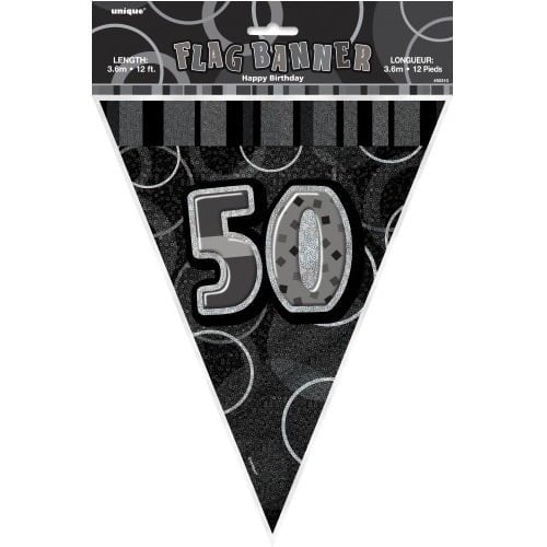 Glitz Black And Silver 50th Birthday Bunting Flag Banner 3.6M (12') - NextParty