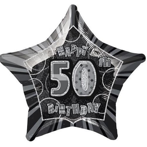 Glitz Black And Silver 50th Birthday Star Shape Foil Balloon 50cm (20") - NextParty