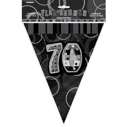 Glitz Black And Silver 70th Birthday Bunting Flag Banner 3.6M (12') - NextParty