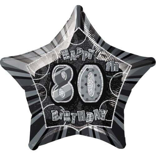 Glitz Black And Silver 80th Birthday Star Shape Foil Balloon 50cm (20") - NextParty