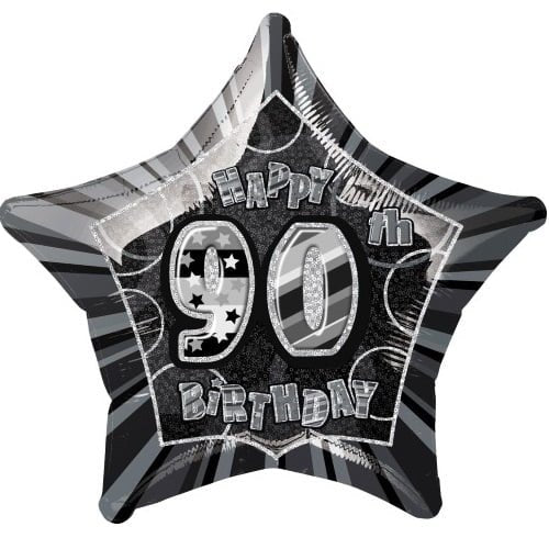 Glitz Black And Silver 90th Birthday Star Shape Foil Balloon 50cm (20") - NextParty