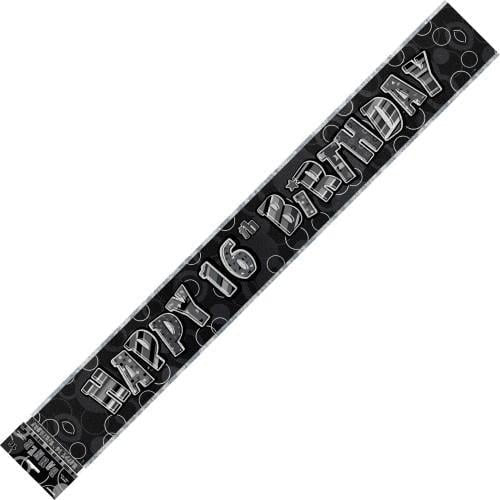 Glitz Black And Silver Happy 16th Birthday Foil Banner 3.6M (12') - NextParty