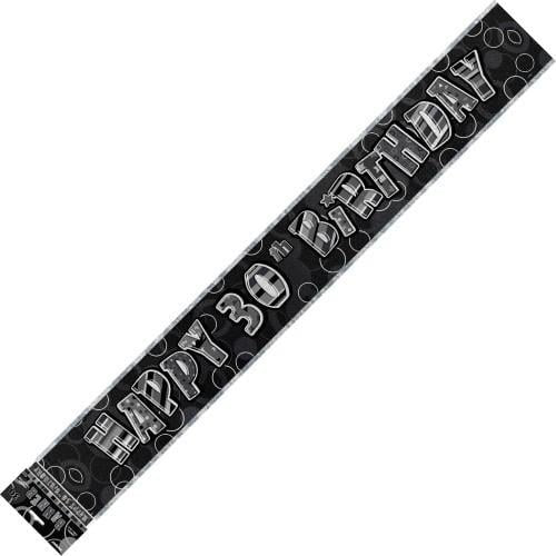 Glitz Black And Silver Happy 30th Birthday Foil Banner 3.6M (12') - NextParty