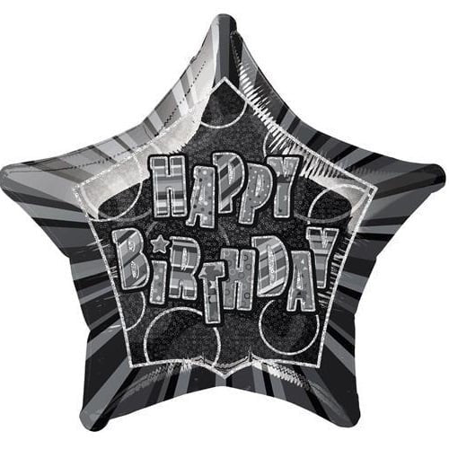 Glitz Black And Silver Happy Birthday Star Shape Foil Balloon 50cm (20") - NextParty