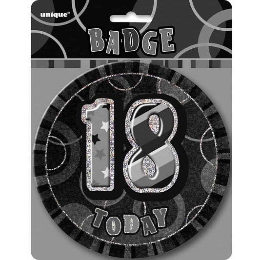 Glitz Black And Silver Jumbo 18th Birthday Badge 15CM (6") - NextParty