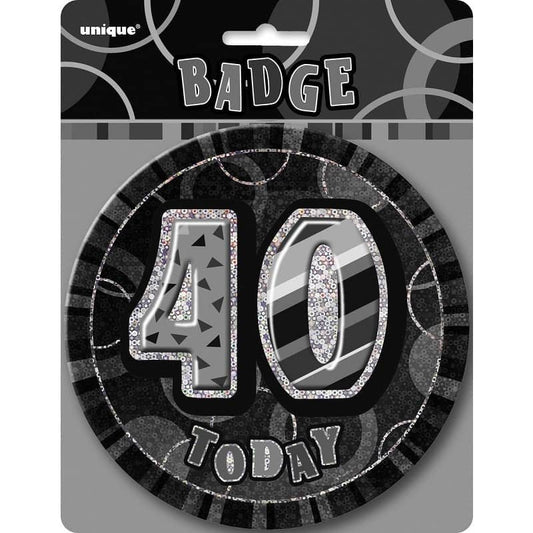 Glitz Black And Silver Jumbo 40th Birthday Badge 15CM (6") - NextParty