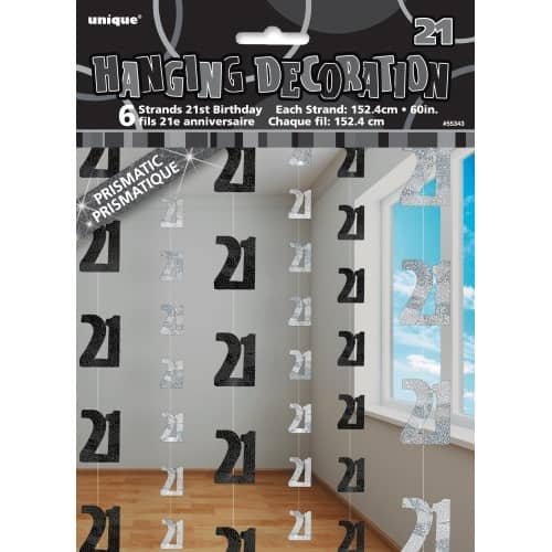 Glitz Black & Silver 21st Birthday Hanging Decorations 1.5m (5') 6pk - NextParty