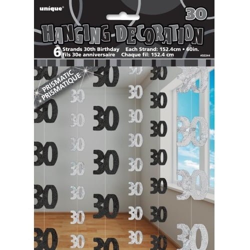 Glitz Black & Silver 30th Birthday Hanging Decorations 1.5m (5') 6pk - NextParty