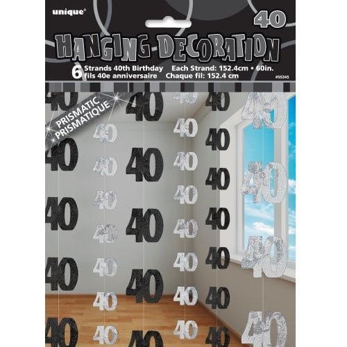 Glitz Black & Silver 40th Birthday Hanging Decorations 1.5m (5') 6pk - NextParty