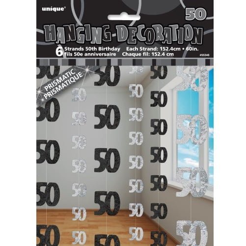 Glitz Black & Silver 50th Birthday Hanging Decorations 1.5m (5') 6pk - NextParty