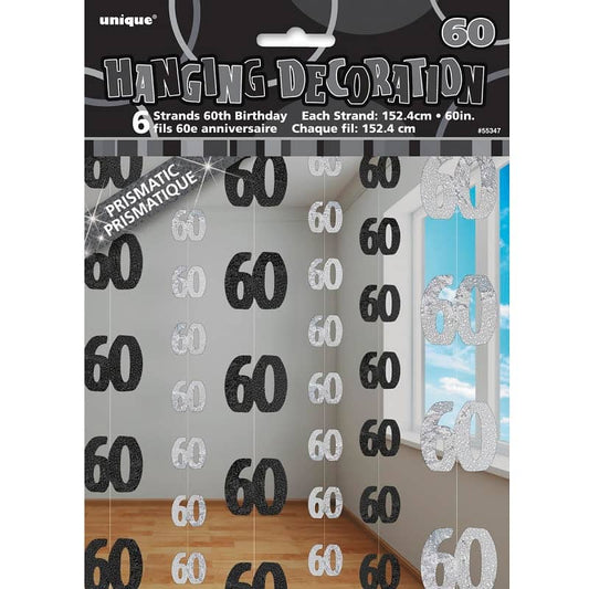 Glitz Black & Silver 60th Birthday Hanging Decorations 1.5m (5') 6pk - NextParty