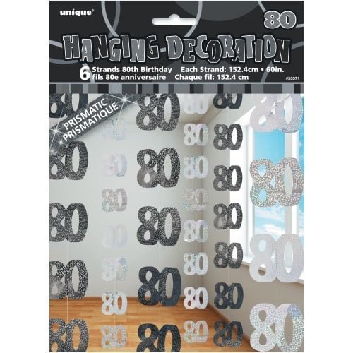 Glitz Black & Silver 80th Birthday Hanging Decorations 1.5m (5') 6pk - NextParty