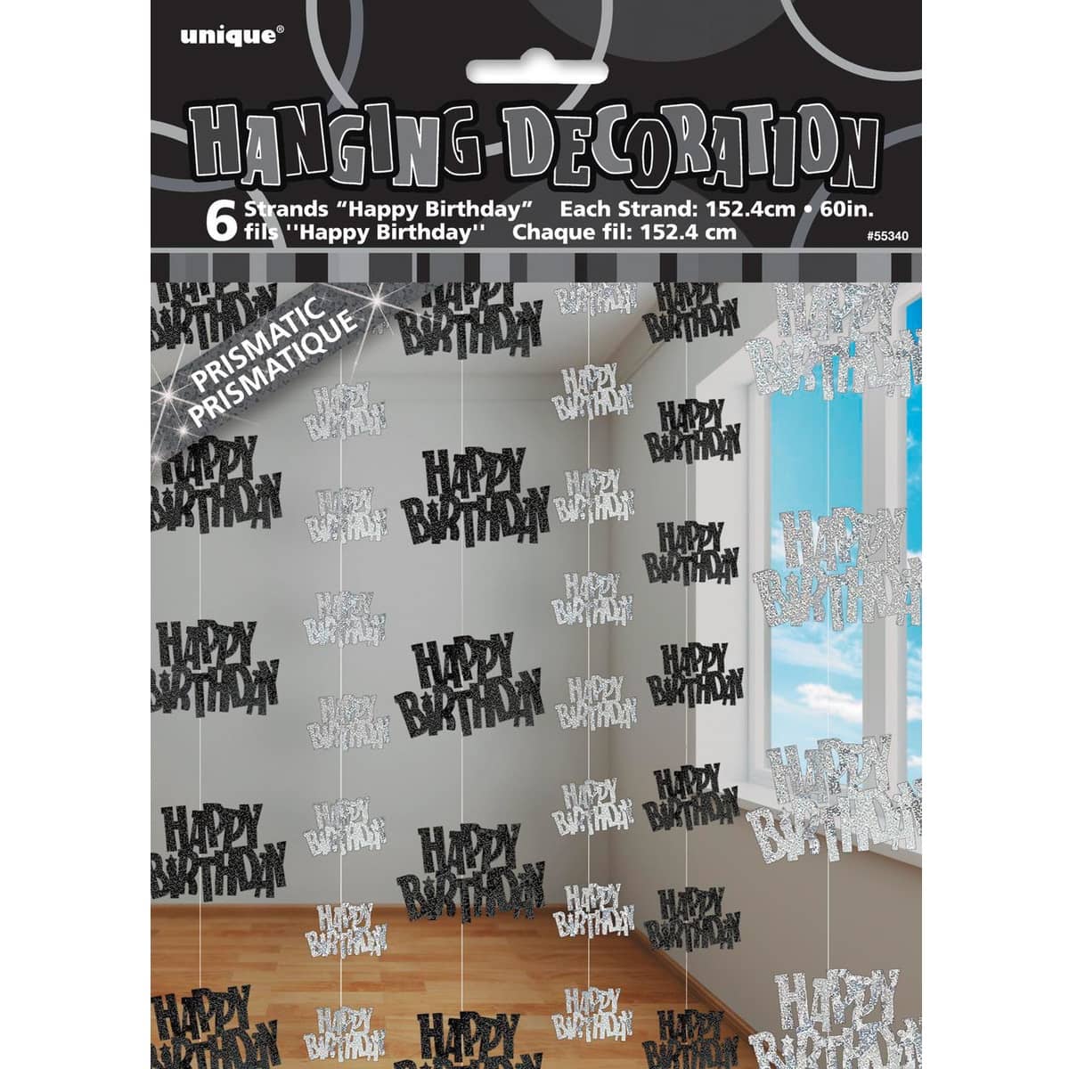 Glitz Black & Silver Happy Birthday Hanging Decorations 1.5m (5') 6pk - NextParty