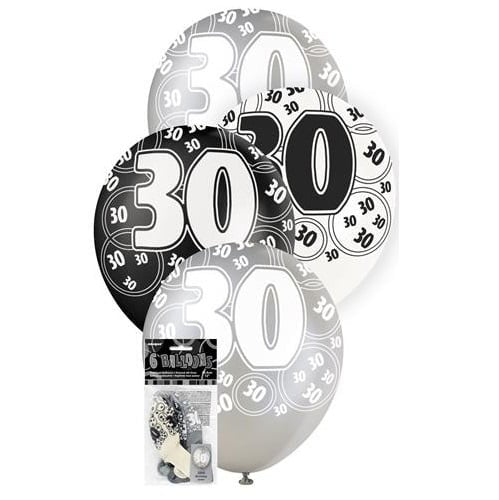 Glitz Black Silver White 30th Birthday Latex Balloons 30cm (12") 6pk - NextParty