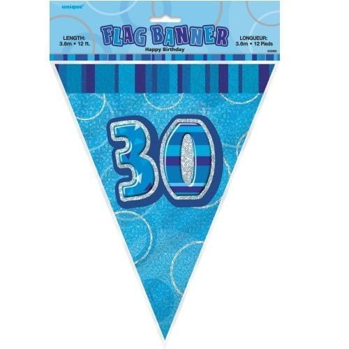 Glitz Blue And Silver 30th Birthday Bunting Flag Banner 3.6m (12') - NextParty