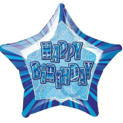 Glitz Blue Silver Happy Birthday Star Shape Foil Balloon 50cm (20") - NextParty