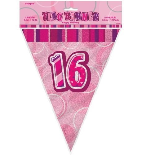 Glitz Pink And Silver 16th Birthday Bunting Flag Banner 3.6M (12') - NextParty