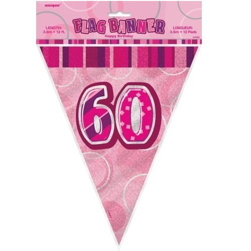 Glitz Pink And Silver 60th Birthday Bunting Flag Banner 3.6M (12') - NextParty