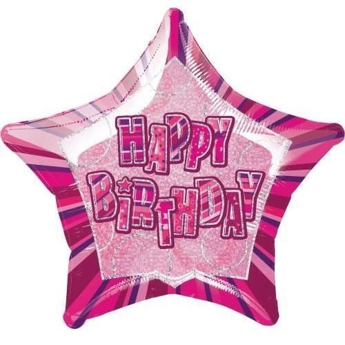 Glitz Pink And Silver Happy Birthday Star Shape Foil Balloon 50cm (20") - NextParty