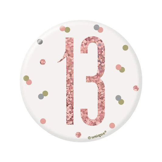 Glitz Rose Gold Birthday Badge 7.6cm (3") - 13th - NextParty