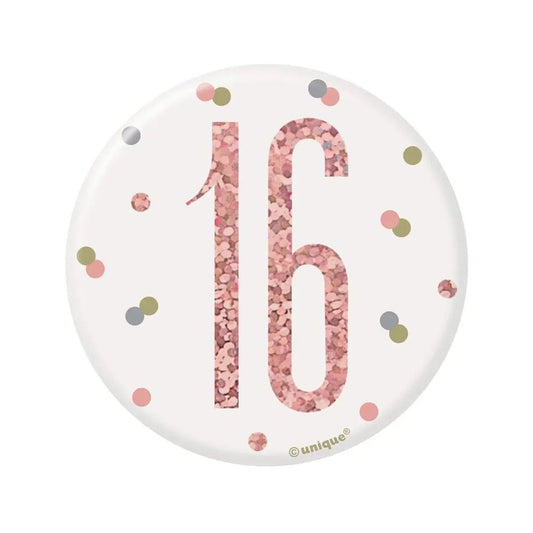 Glitz Rose Gold Birthday Badge 7.6cm (3") - 16th - NextParty