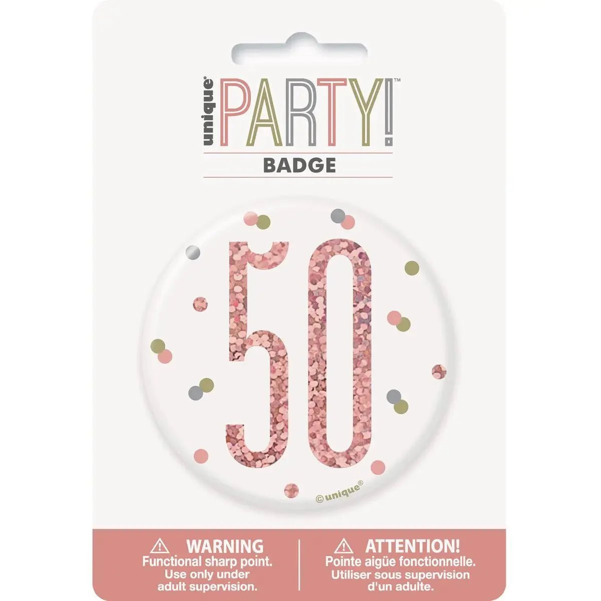 Glitz Rose Gold Birthday Badge 7.6cm (3") - 50th - NextParty