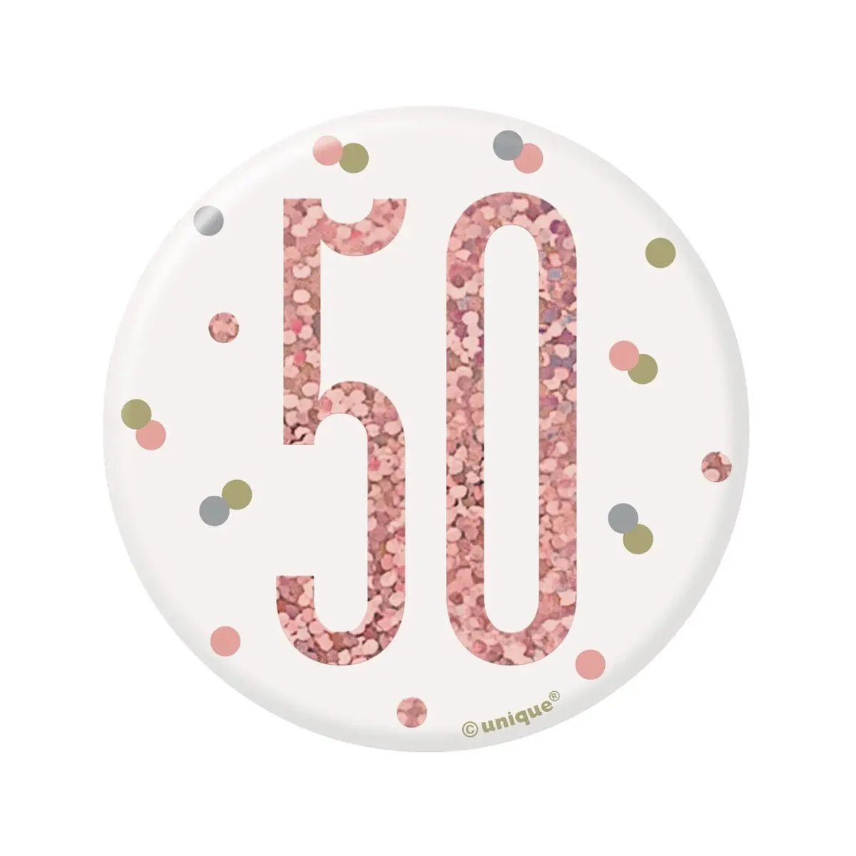 Glitz Rose Gold Birthday Badge 7.6cm (3") - 50th - NextParty