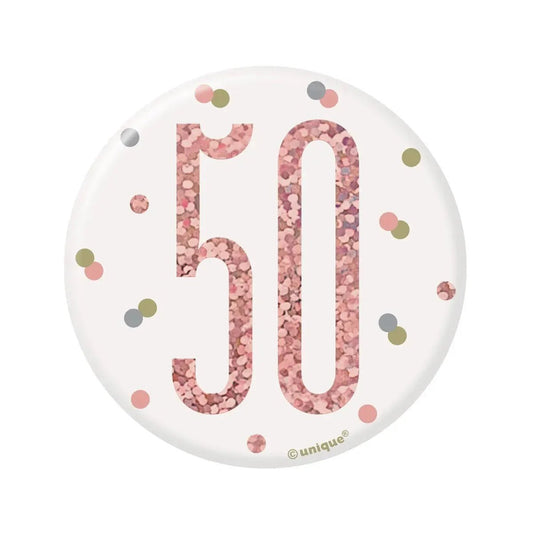 Glitz Rose Gold Birthday Badge 7.6cm (3") - 50th - NextParty