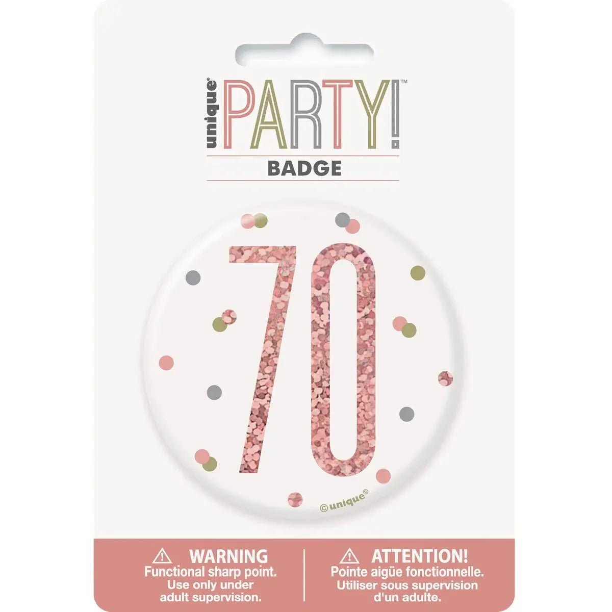 Glitz Rose Gold Birthday Badge 7.6cm (3") - 70th - NextParty