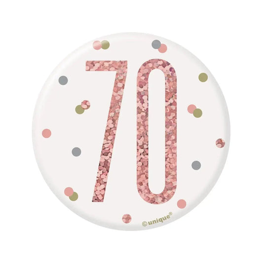 Glitz Rose Gold Birthday Badge 7.6cm (3") - 70th - NextParty