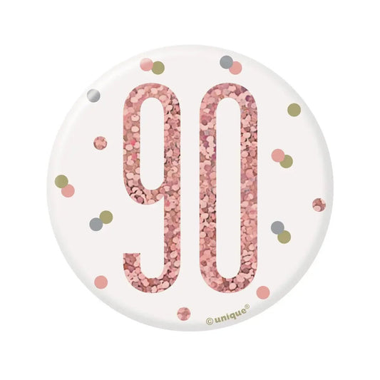 Glitz Rose Gold Birthday Badge 7.6cm (3") - 90th - NextParty