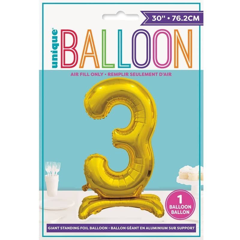 Gold "3" Giant Standing Numeral Foil Balloon 76cm (30") Air Filled Only - NextParty