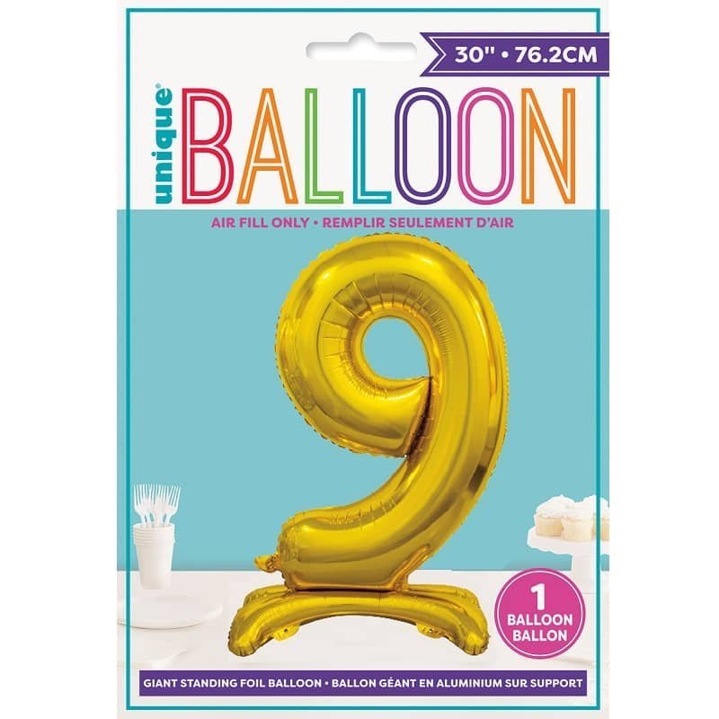 Gold "9" Giant Standing Numeral Foil Balloon 76cm (30") Air Filled Only - NextParty