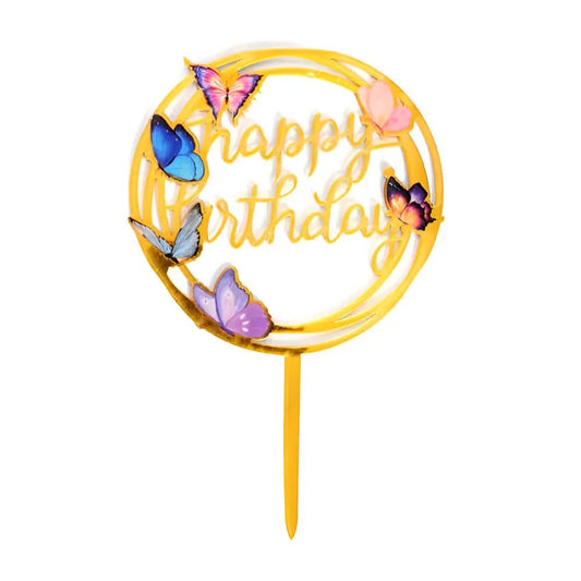 Gold Happy Birthday Round Cake Topper - Butterflies - NextParty