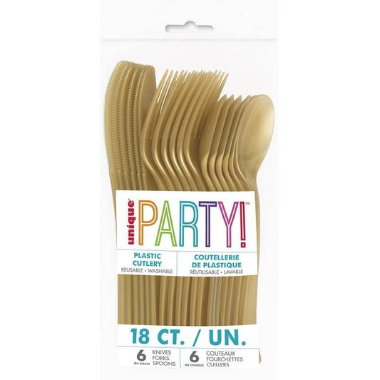 Gold Solid Colour Plastic Assorted Cutlery 18pk Reusable - NextParty