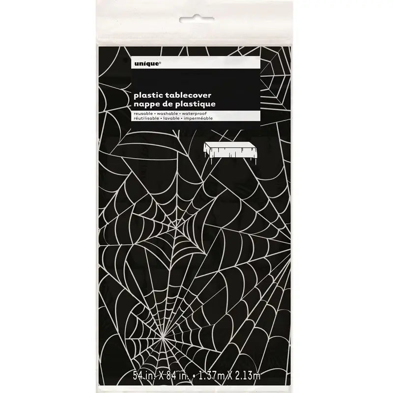 Halloween Black With White Spiderweb Plastic Table Cover Tablecloth - NextParty