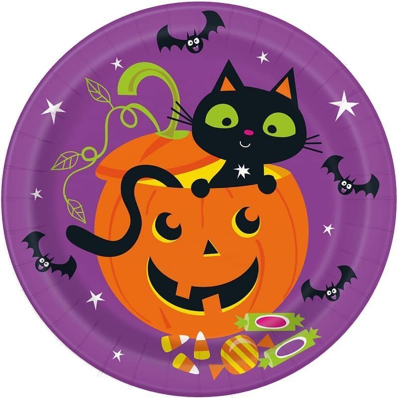 Halloween Cat & Pumpkin Large Paper Plates 23CM (9") 8pk - NextParty