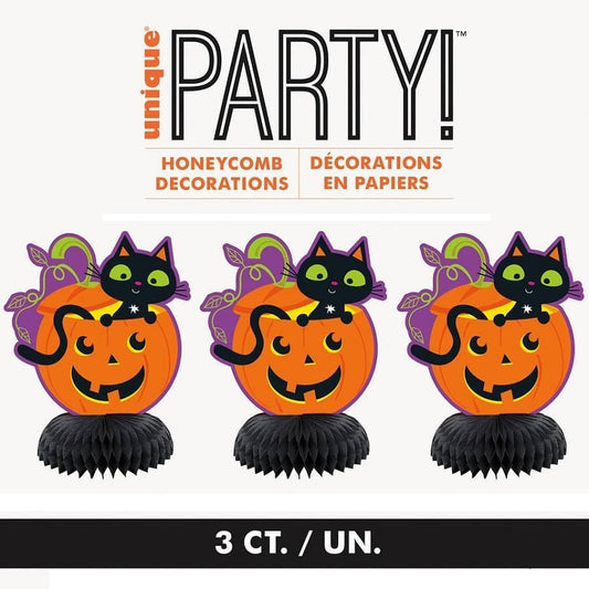 Halloween Cat Pumpkin Mini Honeycomb Decorations 3pk Centrepieces - NextParty