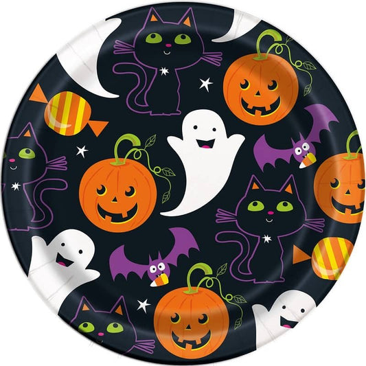 Halloween Cat & Pumpkin Small Paper Plates 18CM (7") 8pk - NextParty