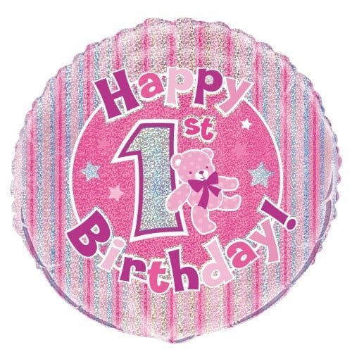 Happy 1st Birthday Prismatic Foil Balloon 45cm (18") Girls Pink Bear - NextParty